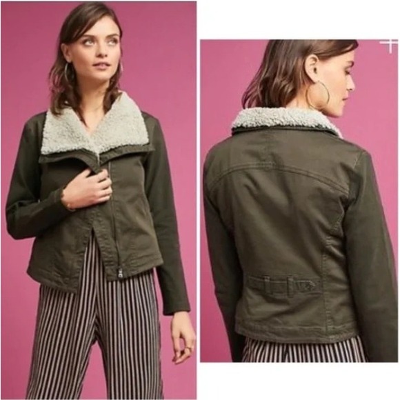 Marrakech for Anthropologie Moto Jacket, Removable Sherpa, Military Green, Small - Picture 1 of 16